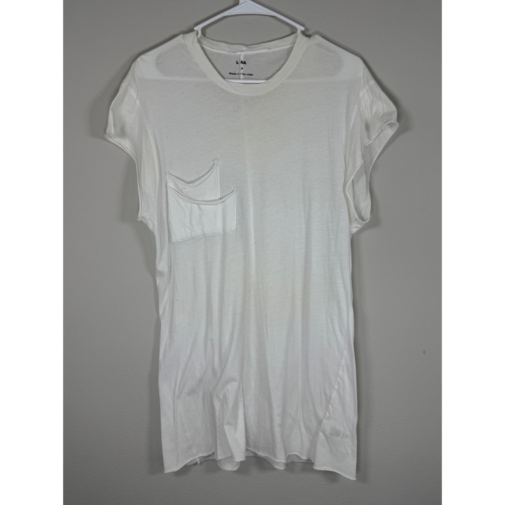 LNA Pocket T-Shirt Women S White Raw Hem Distressed Tee Lagenlook Burnout Tissue